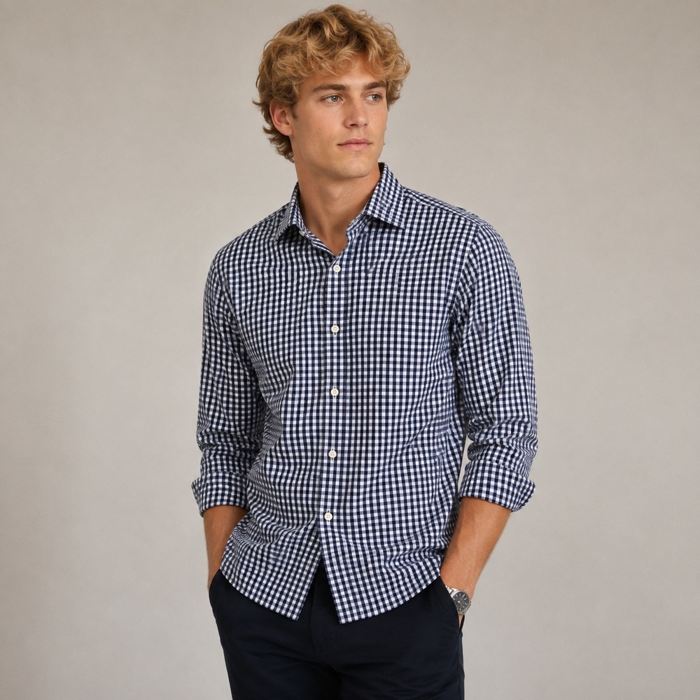 Michael Kors Slim Fit Gingham Check Shirt Long Sleeve Button Up Navy Size 16
